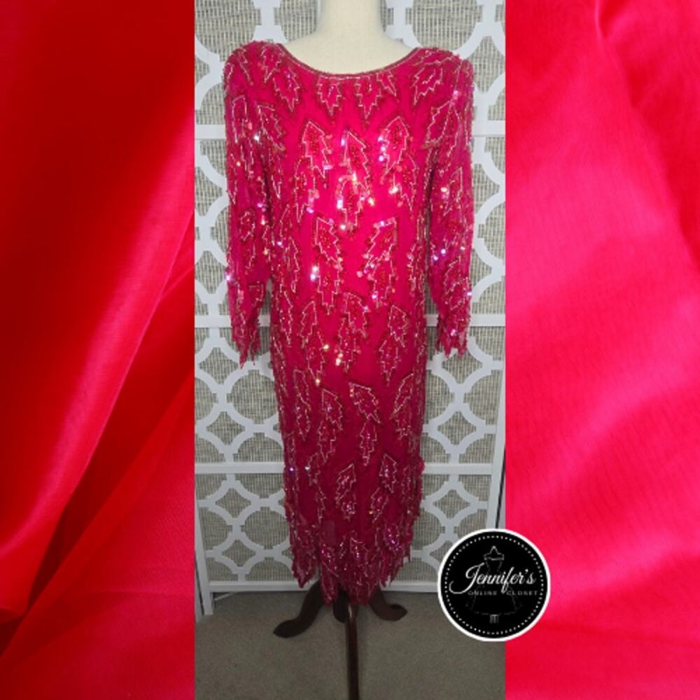 Scala Vintage 80's Red 100% Silk Sequin and Beaded Leaf Handkerchief Hem Dress